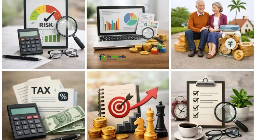 "Financial retirement planning in Bangalore process showing risk assessment, investment analysis, retirement corpus planning, tax calculation, strategy building, and periodic review."