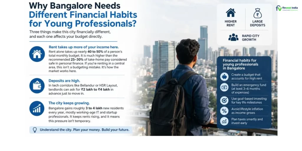 Financial habits for young adults in Bangalore showing rising rent, high security deposits, rapid city growth, and smart money management tips for young professionals starting their careers- Finvest India