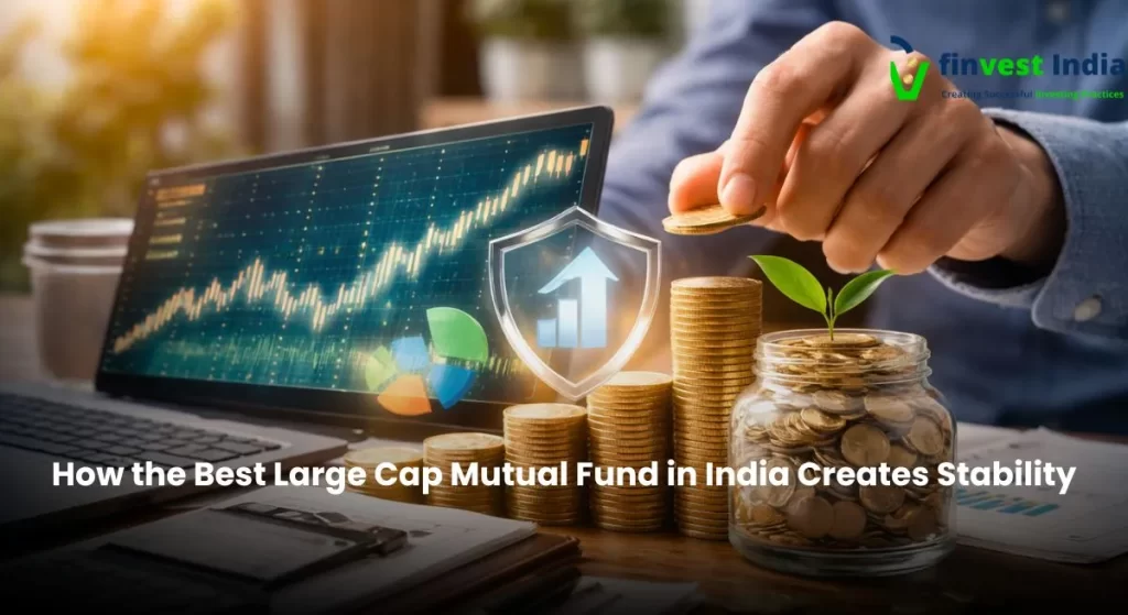 "Best large cap mutual fund in India concept showing steady investment growth with stacked coins, financial chart, and long-term wealth compounding"