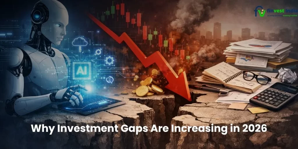 "Investment gap analysis concept with AI technology, falling market trends, and financial mismanagement"