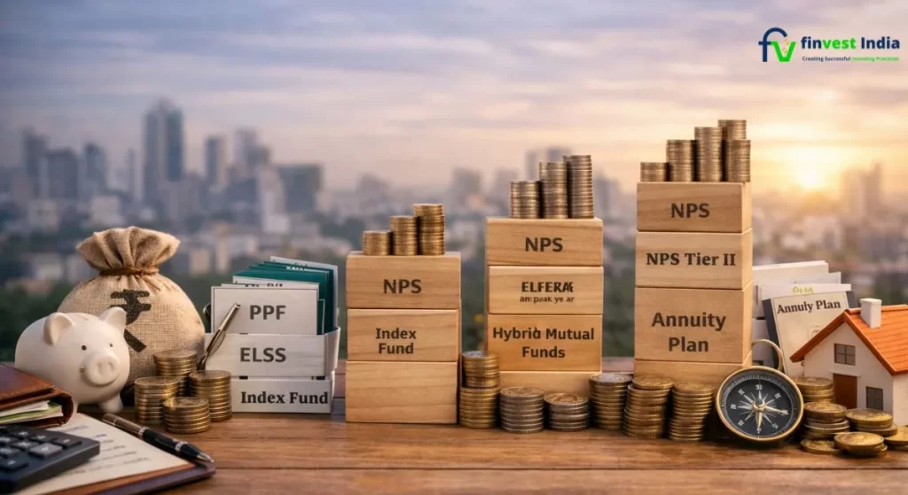 "Self-Employed Retirement Plans by income level illustration showing retirement investment options for freelancers and business owners in India, including NPS, PPF, ELSS, annuity plans, and mutual fund allocation based on different income brackets"