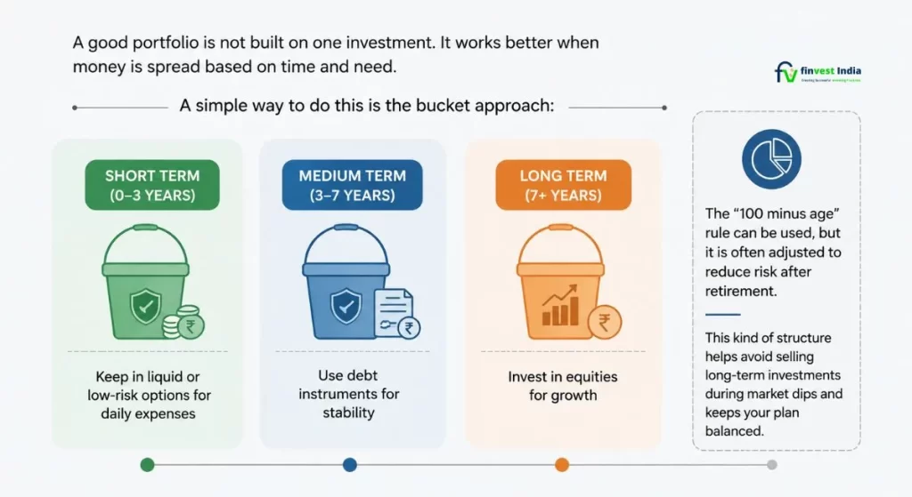 Asset allocation strategy infographic showing short-term, medium-term, and long-term after retirement investment plans - FINVEST INDIA