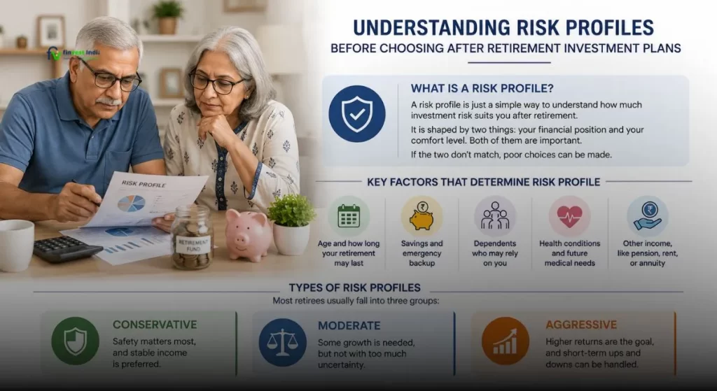 Infographic explaining risk profiles before choosing after retirement investment plans, including conservative, moderate, and aggressive investment strategies -FINVEST INDIA
