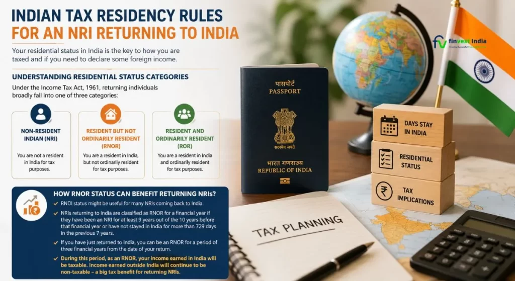 Indian Tax Residency Rules for an NRI Returning to India showing NRI, RNOR and ROR residential status categories and tax implications for returning NRIs - Finvest India