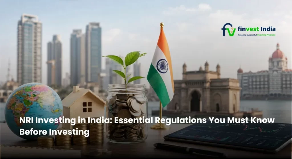 NRI Investing in India concept showing financial planning with Indian currency, investment portfolio, bank accounts, real estate model - Finvest India