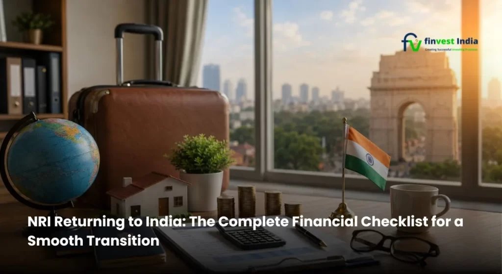 NRI returning to India reviewing financial checklist, bank accounts, tax documents, investments, and retirement planning before relocation - Finvest India