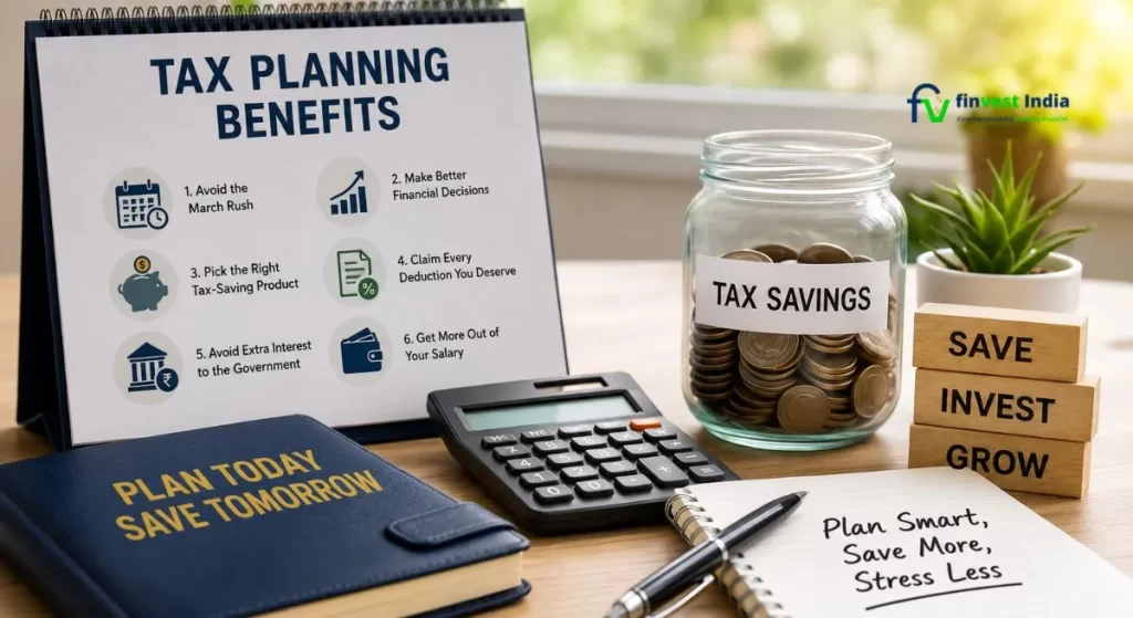 Benefits of Tax Planning in India with tax-saving investments, financial planning documents, calculator, and salary tax optimisation - Finvest India