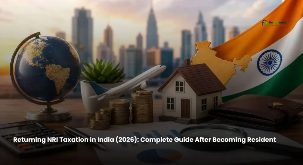Returning NRI taxation in India 2026 with global investments, Indian flag, property, currency, and financial planning symbols-Finvest India